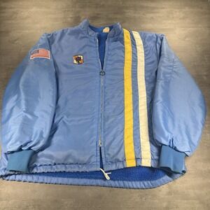 Vintage 60s 70s Racer Puffer Jacket Adult L XL Blue Stripe USA Made Biker Fleece
